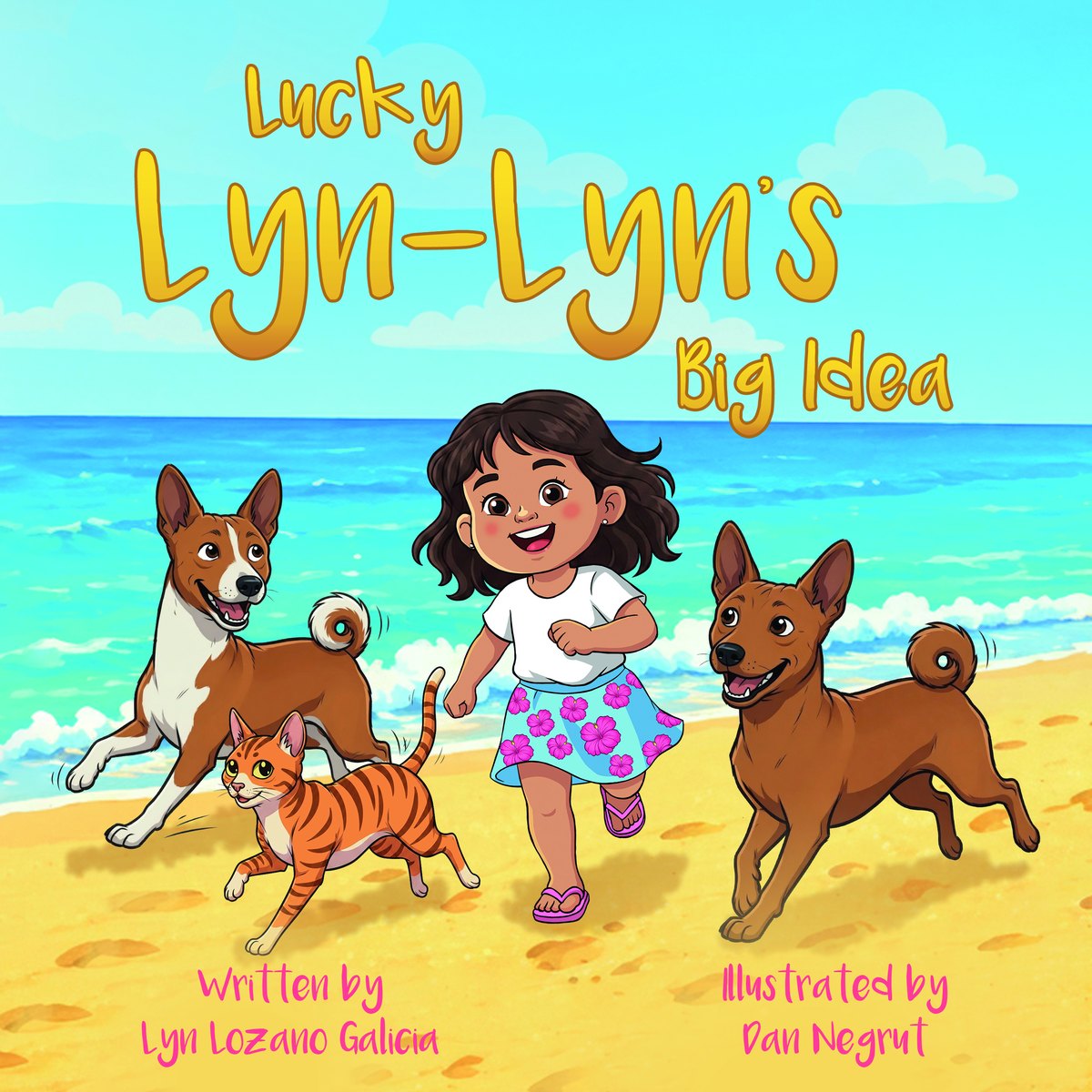 Cover of Lucky Lyn-Lyn's Big Idea — Lyn-Lyn runs along a white beach with two dogs and a cat.