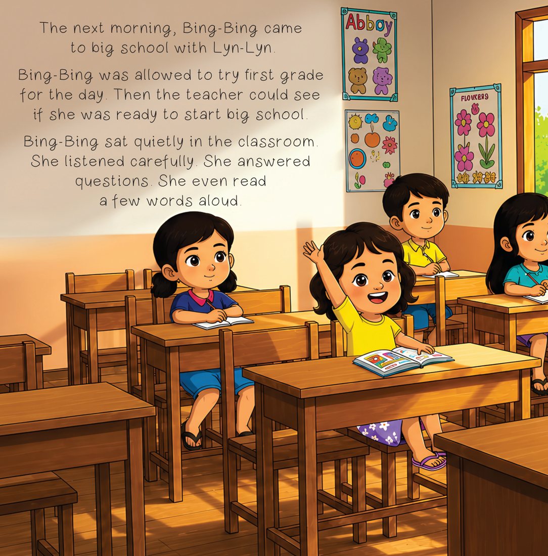 Bing-Bing sits at a classroom desk in first grade, listening carefully.