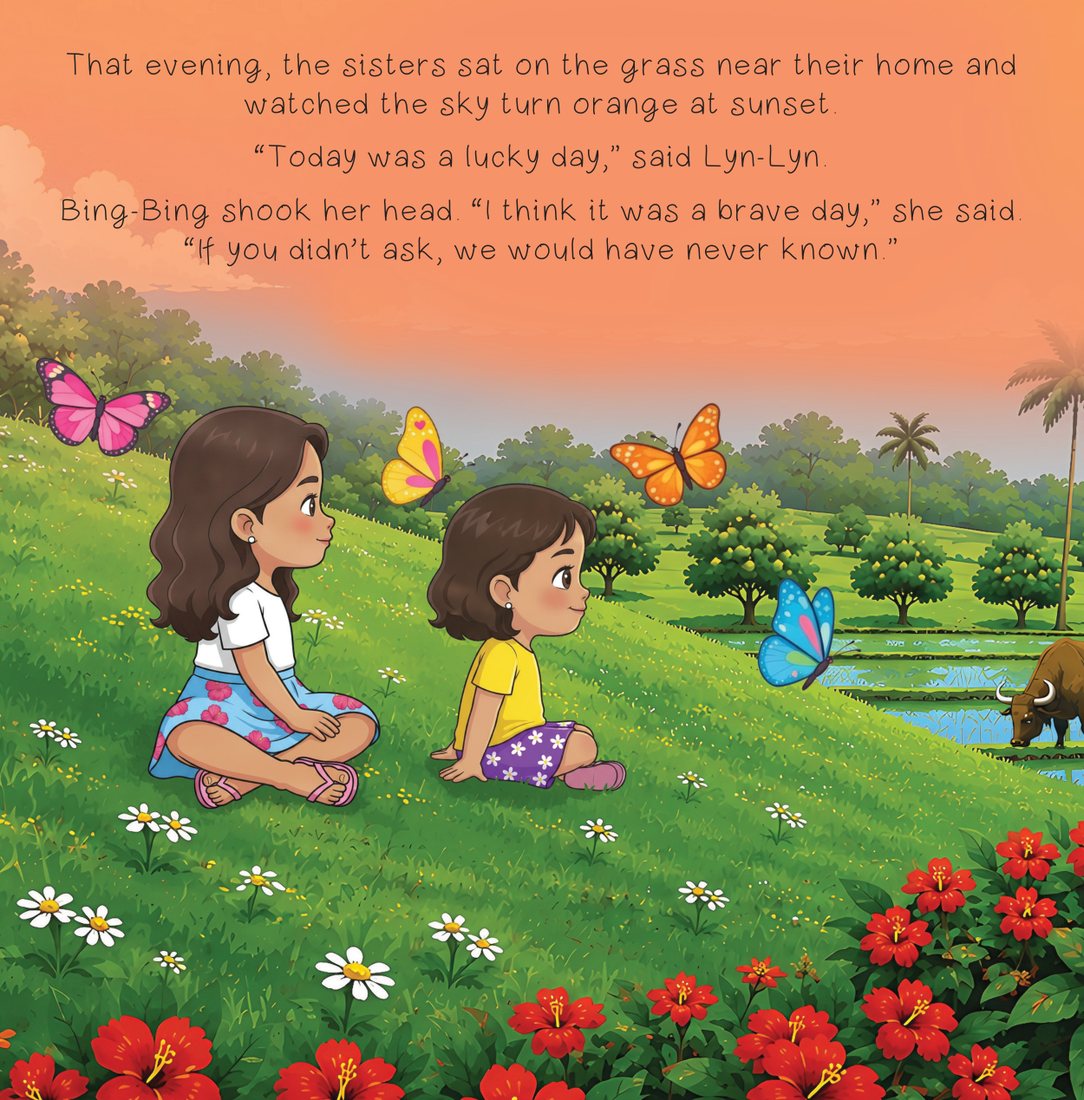 Lyn-Lyn and Bing-Bing sit on a green hill watching an orange sunset over rice fields, surrounded by butterflies and red hibiscus.