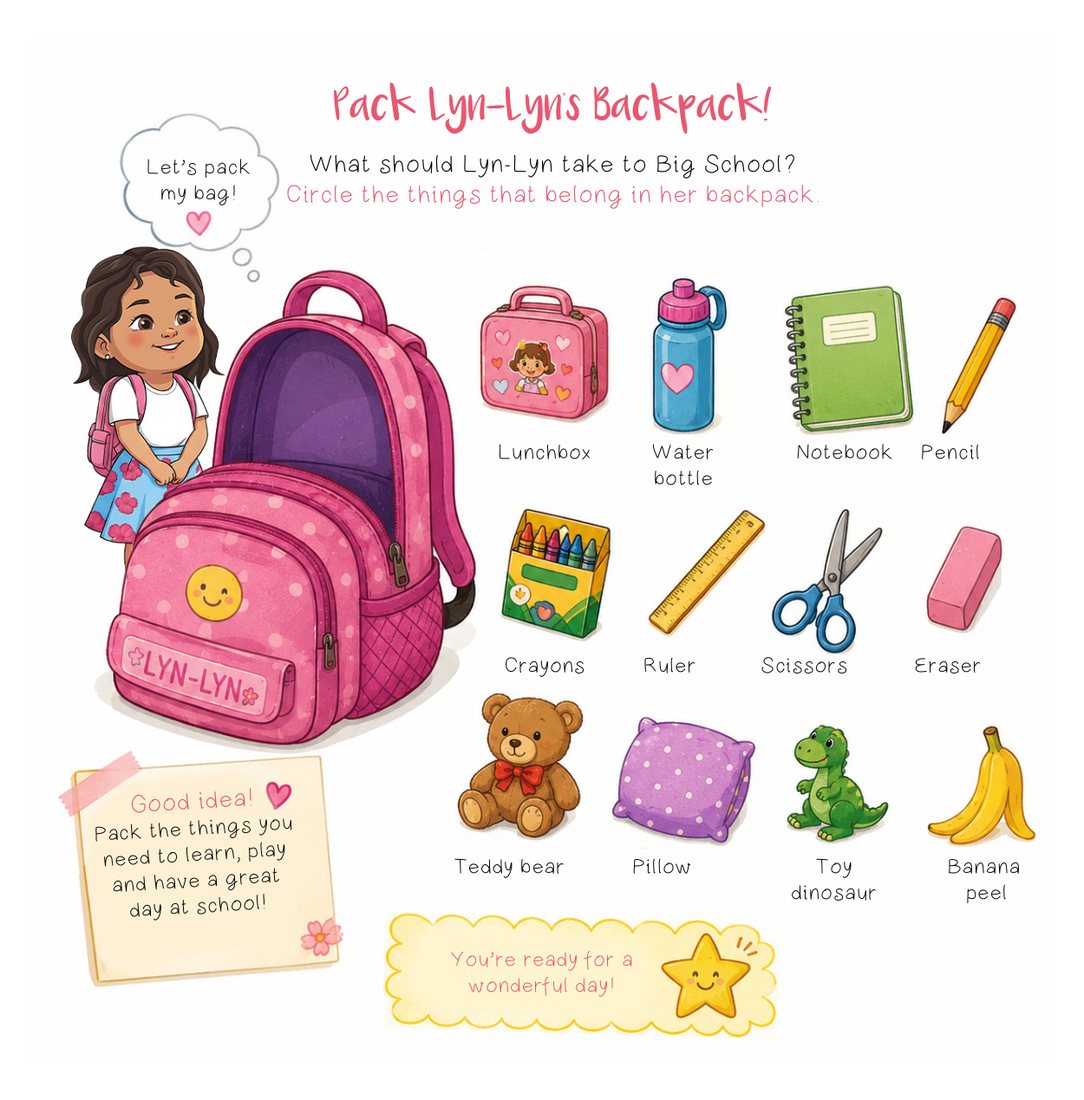 Pack Lyn-Lyn's Backpack — circle the things that belong in her school bag.